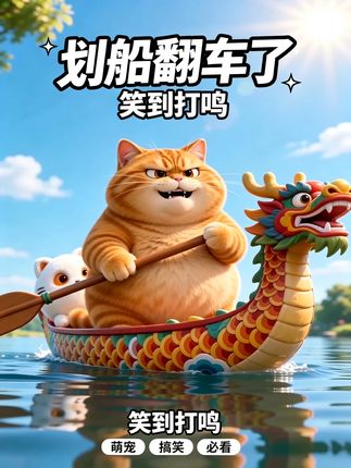 胖橘猫划龙舟翻车
