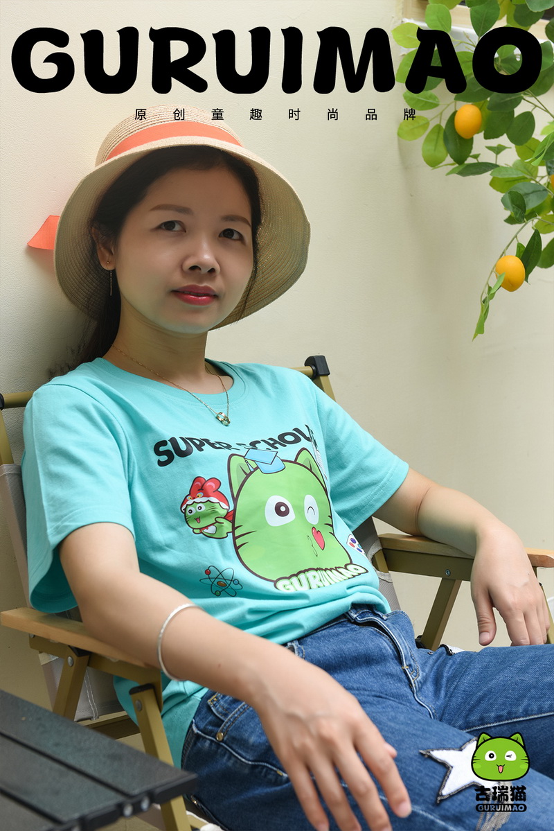 古瑞猫原创男女儿童白色T恤青色款